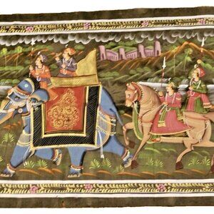 Rajasthani Maharaja Procession Painting on Fabric, Indian Decor, 28x18 Wall Art